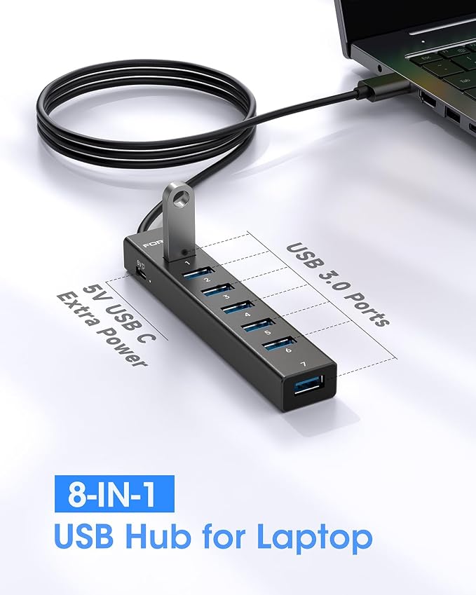 FORIDA Aluminum Alloy 8 Port USB Hub Long Cable USB Splitter with 7-USB3.0 Data Ports and TypeC 5V/3A Power Port Compatible with MacBook, Laptop,Surface Pro, PS5, PC and More (Black, USB A-47in)