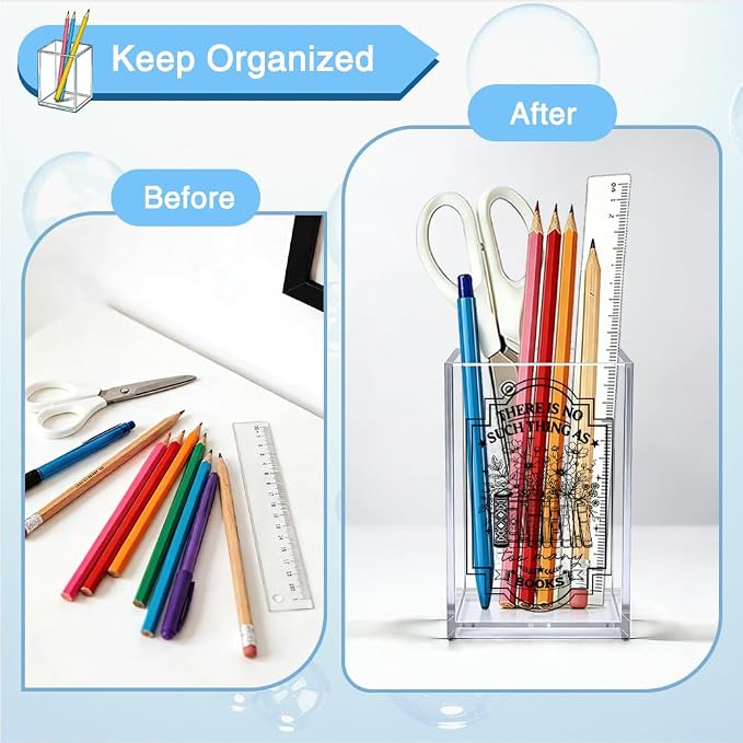 There Is No Such Thing As Too Many Books Acrylic Organizer Pencil Pen Holder, Book Floral Acrylic Desk Organizer, Bookworm Gifts for Book Lover Reader, Back to School Gifts for Daughter Niece