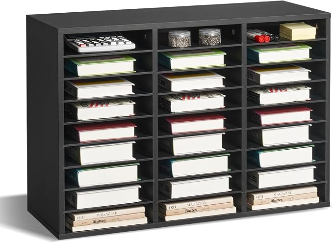 VEVOR Literature Organizer, 27 Compartments Office Mailbox with Removable Shelves, Wooden Mailbox Sorter Particle Board Office Home Classroom Storage, File Sorter for Files, Documents, Papers, Black