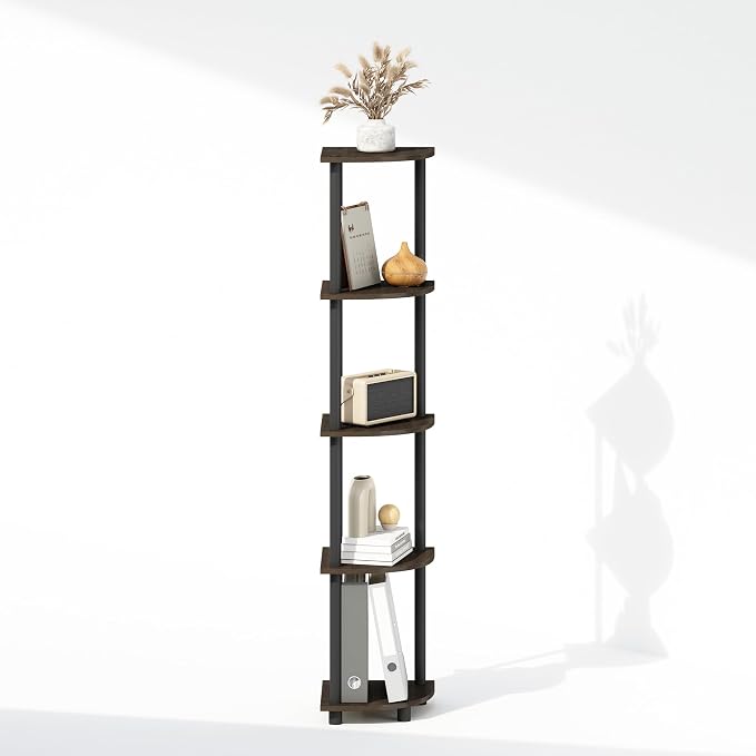 Furinno Turn-N-Tube Storage Shelves, 5-Tier Book Shelf, Corner Shelf, Toolless Open Shelves, for Organization and Storage, Living Room, Home Office, Hallway, Bedroom, Dark Brown Grain