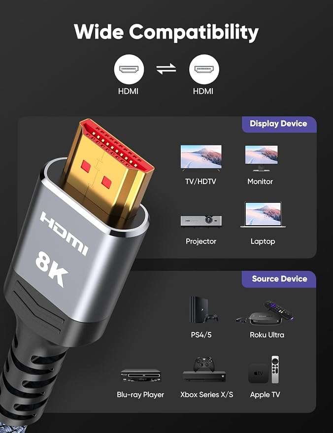 Highwings 8K HDMI Cable 2.1 13FT/4M 2-Pack, 48Gbps High Speed HDMI Cord-Nylon Braided 8K60Hz 4K120Hz 4K144Hz 3D eARC HDR10 4:4:4 HDCP 2.2&2.3 QMS DSC VRR, Compatible for Laptop, Monitor, Roku TV,HDTV