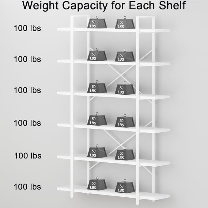 HSH 6 Tier Tall White Bookshelf, Industrial Modern Vertical Metal and Wood White Bookcases 6 Shelf,Farmhouse Open Large Storage Book Shelves & Display Book Shelf for Bedroom Living Room Office