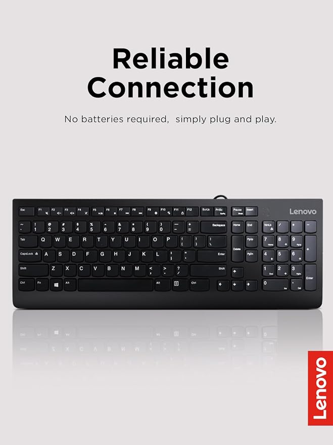 Lenovo 300 USB Keyboard, Wired, Adjustable Tilt, Ergonomic, Windows 7/8/10, GX30M39655, Black