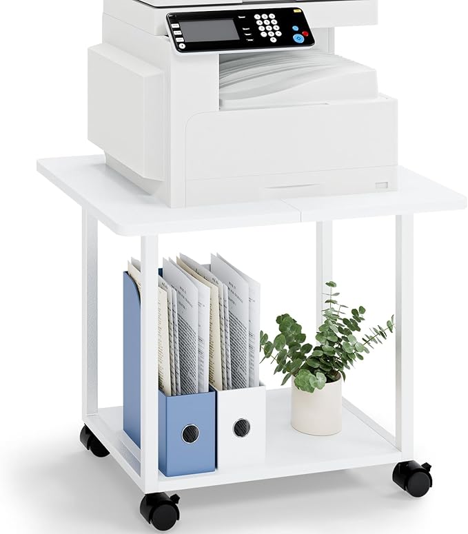MARTY 22"x15.75" Large Under Desk Printer Stand with Storage Shelf 2-Tier Rolling Printer Cart with Wheels Printer Table for Home Office Heavy Duty Storage Rack for Scanner Fax Machine, White