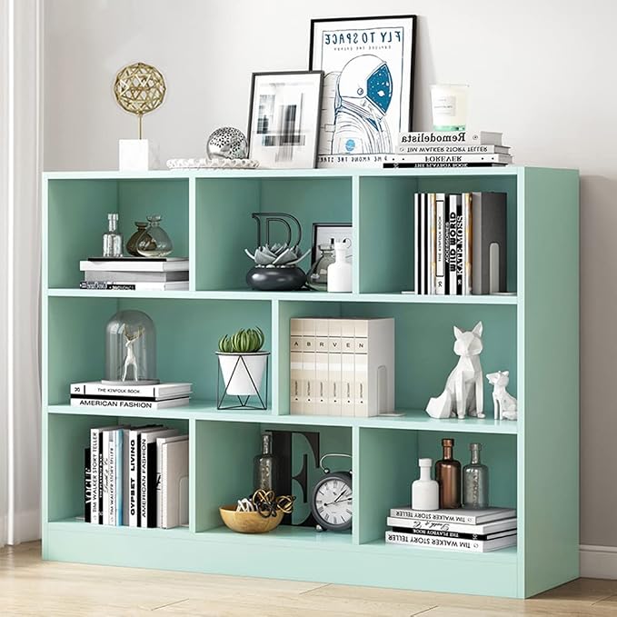 IOTXY Open Shelf Low Bookcase - Wooden 3-Tier Floor Standing Display Cabinet Organizer with Base, 8 Cubes Short Horizontal Bookshelf in Tiffany-Green