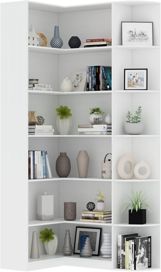 Loomie White Book Shelf, 6 Tiers Shelf Large Tall Corner Etagere Bookcase with Full Baffle, L-Shaped Modern Storage Display Industrial Bookshelves for Bedroom, Home Office, Living Room & Kitchen