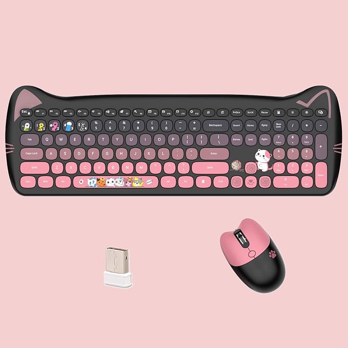 Cute Cat 2.4G USB Wireless Keyboard and Mouse Combo, Silent Keys, Candy Colors, Compatible with Notebook, PC (BlackPink-110Keys)