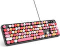 MOWUX Computer Keyboard Wired, Plug and Play USB Retro Round Typewriter Keyboard, Full Size Wired Keyboard with Foldable Stands for Laptop and Office PC- Black Colorful