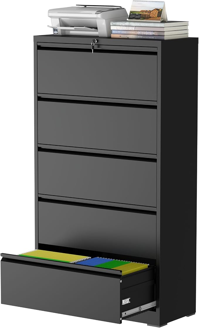 5 Drawer Lateral File Cabinet with Lock, Metal File Cabinet, Lateral File Cabinets for Home Office, Heavy Duty File Storage Cabinet for Legal/Letter/A4 Document, Assembly Required, Black