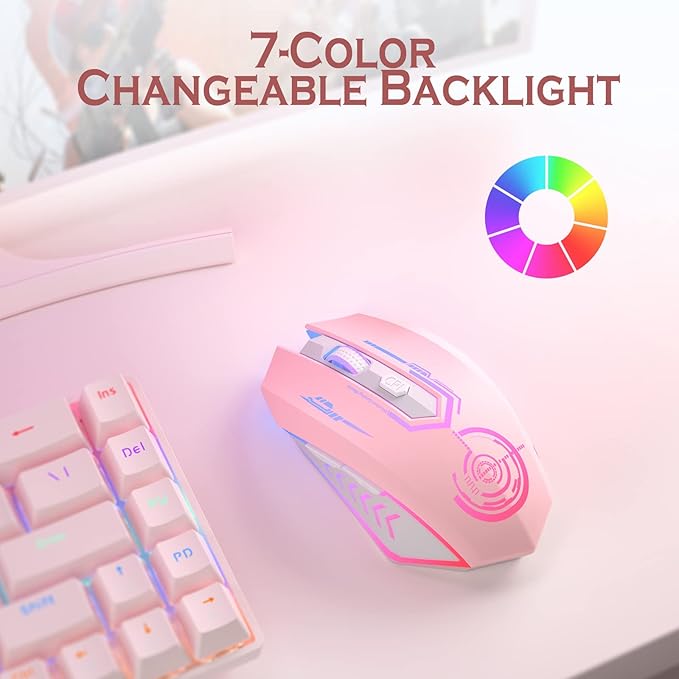 UHURU Gaming Mouse, Wireless Gaming Mouse with 6 Buttons 7 Changeable LED Color up to 10000 DPI, Rechargeable USB Gamer Mouse for PC Laptop (Pink)