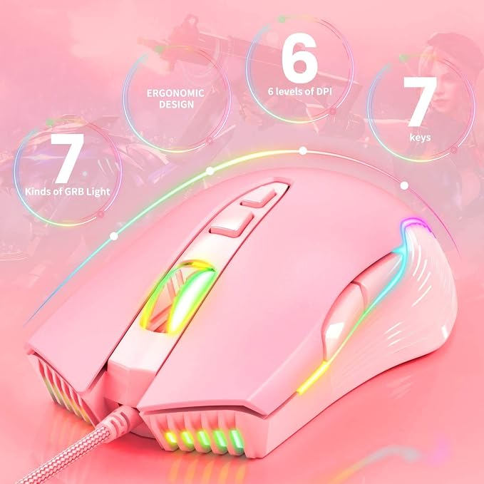 RGB Gaming Mouse Wired, USB Optical Computer Mice with RGB Backlit, 6 Adjustable DPI Up to 6400, Ergonomic Gamer Laptop PC Mouse with 7 Programmable Buttons for Windows Vista Linux (Pink)