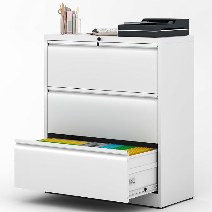 AQY 3 Drawer File Cabinet with Lock,Metal Lateral File Cabinets for Home Office,Steel Wide Filing Organization Storage Cabinets for Hanging Files Letter/Legal/F4/A4 Size Assembly Required(White)