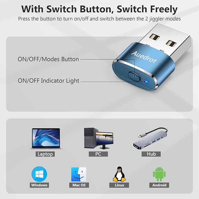 AUEDROT Mouse Jiggler Undetectable Metal USB Mouse Mover with Switch Button, Automatic Mini Mouse Shaker with 2 Jiggle Modes, Driver-Free, Plug and Play, Keep Computer/Laptop Awake, Blue, 2 PCS