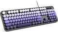 MOWUX Computer Keyboard Wired, Plug and Play USB Retro Round Typewriter Keyboard, Full Size Wired Keyboard with Foldable Stands for Laptop and Office PC- Black Purple Gradient