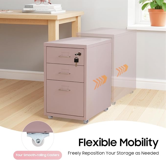 Pink File Cabinet, 3 Drawer File Cabinet with Lock, Metal Mobile Vertical Pink Desk Organizer, Rolling Cabinet with Lock and Wheels Under Desk for Home Office