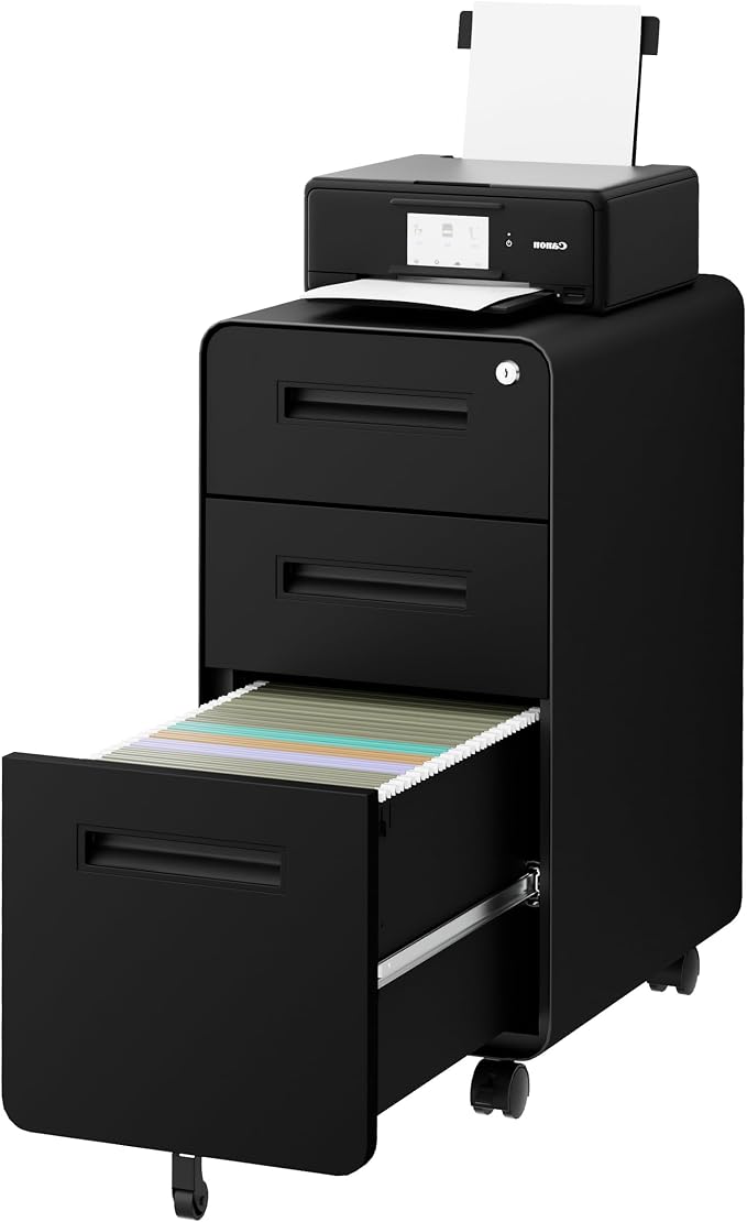 3 Drawer File Cabinet with Lock and 4 Keys, Mobile Metal Filing Cabinet, File Cabinets for Home Office, Under Desk, Pre-Assembly, File Drawer, Letter/Legal/A4 Hanging File Folders