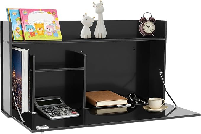 Wall Mounted Desk Multifunctional Fold Down Laptop Computer Table Writing Workstation with Storage Compartments Space Saving for Home Office (Black)