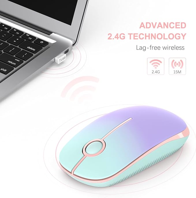 VssoPlor Wireless Mouse, 2.4G Slim Portable Computer Laptop Mouse with Nano Receiver Quiet Silent Optical Mice for Notebook, PC, Laptop, Computer-Mint Green to Purple