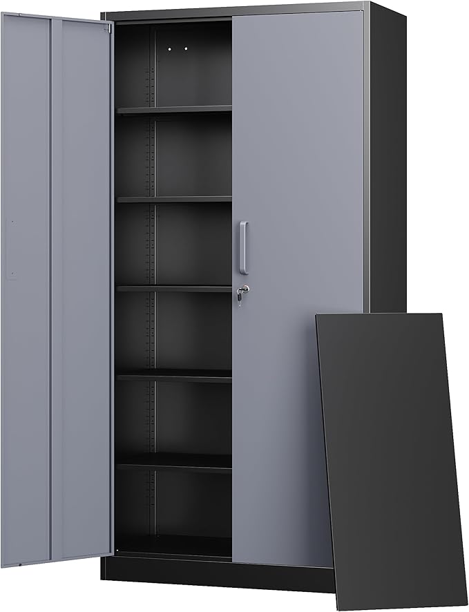 Letaya Metal Storage Cabinets with Lock Door and 5 Adjustable Shelves, Steel Garage Tool Organization Cabinets for Home,Utility Room, Warehouse,Lockers(71"-Black Gray)