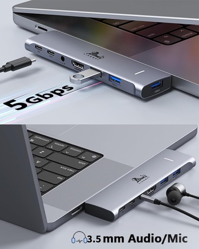 USB C Hub Adapter for MacBook Pro/Air M1M2M3 2022 2021 2020 13"15"16",Multiport MacBook Adapter MacBook Accessories with 4K HDMI,3USB3.0,Audio,100W Thunderbolt-Enabled USB-C,Support MagSafe 3 Charging