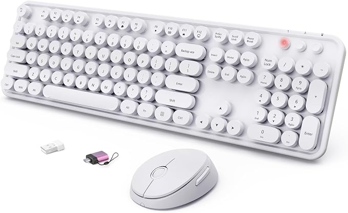 Wireless Keyboard and Mouse Combo, Ergonomic Full Size Typewriter Retro Round Keycaps Keyboard, Compatible with Windows, PC, Perfer for Home and Office Keyboards（White）
