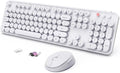 Wireless Keyboard and Mouse Combo, Ergonomic Full Size Typewriter Retro Round Keycaps Keyboard, Compatible with Windows, PC, Perfer for Home and Office Keyboards（White）