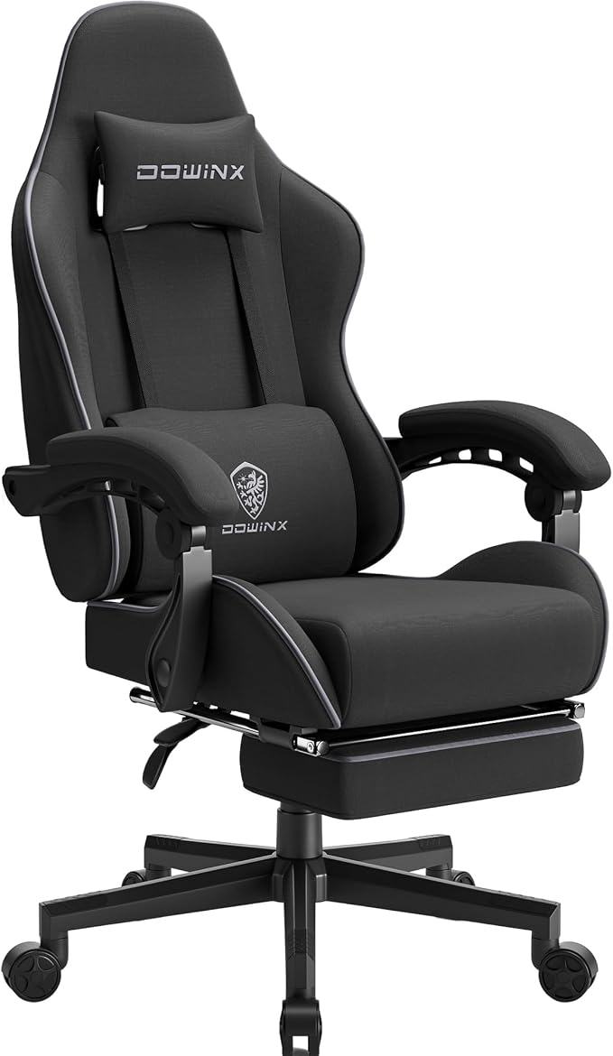 Dowinx Gaming Chair Fabric with Pocket Spring Cushion, Massage Game Chair Cloth with Headrest, Ergonomic Computer Chair with Footrest 290LBS, Black