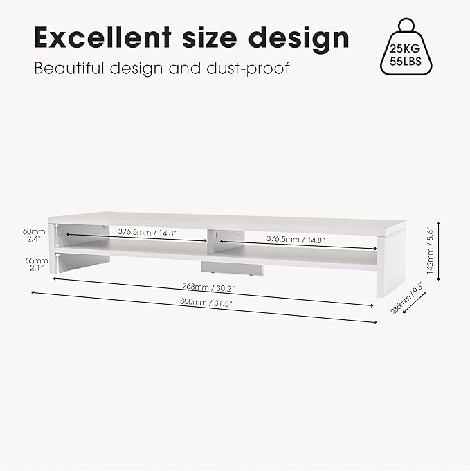 Fenge Monitor Stand, 31.5 Inch Computer Monitor Riser for Desk, 2 Tiers Wood Desk Shelf with Storage, Desktop Organizer for PC, Laptop, Screen, Printer