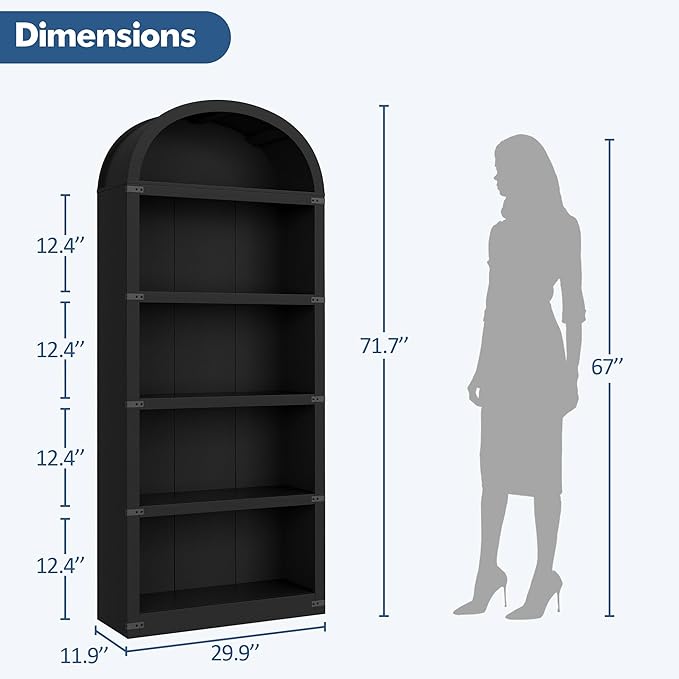 GarveeHome Bookcase 5 Shelf Arched Bookshelf 71.65 in Tall Bookcase Farmhouse Display Storage Rack Wooden Bookshelves for Home Office, Living Room
