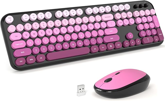 MOFII Wireless Keyboard and Mouse Combo, Full Size 2.4G Retro Round Computer Keyboard and Mouse Set, Plug and Play, for Windows, Computer, Desktop, PC, Notebook - (Black Pink Gradient)