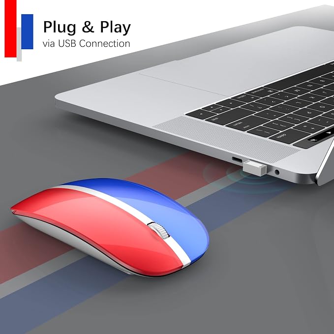 JOYACCESS Rechargeable Wireless Mouse, 2.4G Portable Slim Silent Mouse with USB Receiver and Type C Adapter, 5 Level 3000 DPI, Works with Mac or iPad (Blue & Red)