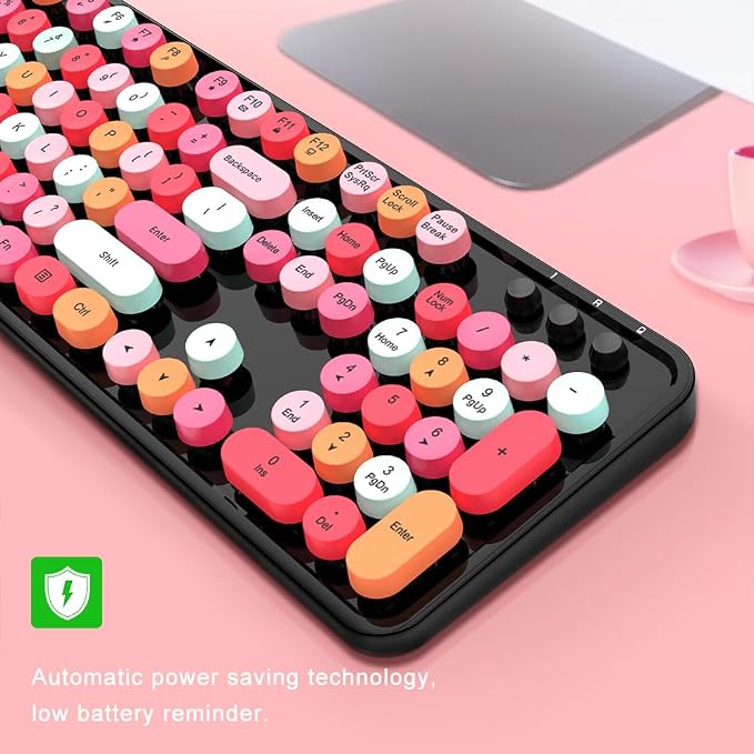 GTSP Colorful Wireless Keyboard and Mouse Combo, Cute Keyboard Retro Typewriter with Round Keycaps for Computer Laptop Desktops PC Mac 2.4GHz Dropout-Free Connection (Multicolor Black)