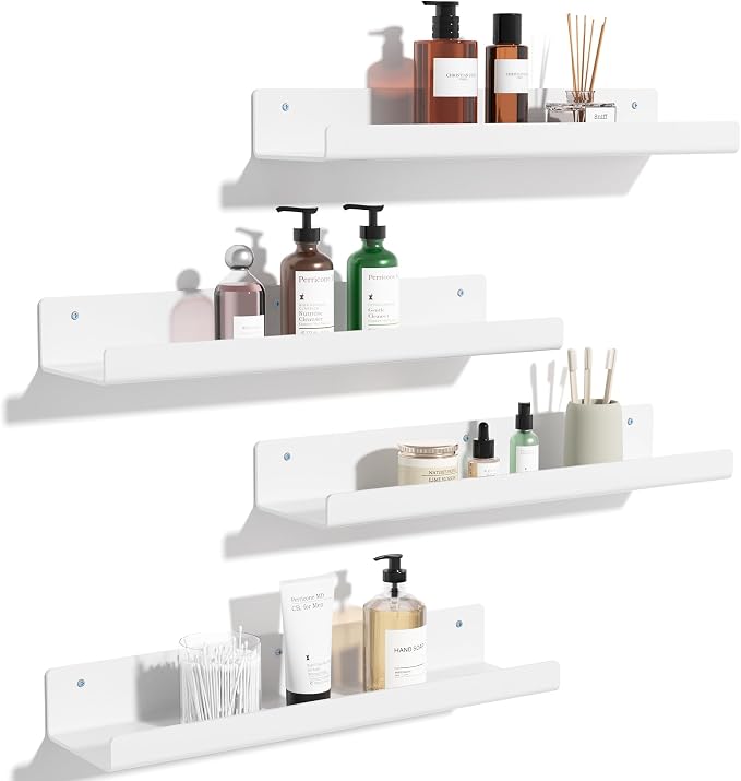 upsimples Acrylic Shelves for Wall Decor, 15" Display Shelf Perfume Organizer for Bathroom, Bedroom, Living Room, Floating Bookshelves for Kids, White, 4 Pack