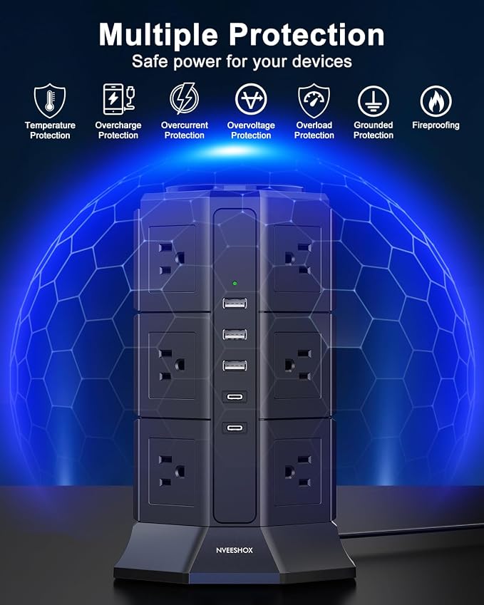 Surge Protector Power Strip Tower, 10FT Ultra Flat Extension Cord with 12 AC Outlets 5 USB Ports(2 Type C), Desktop Charging Station, Flat Plug Outlet Extender for Home Office Dorm