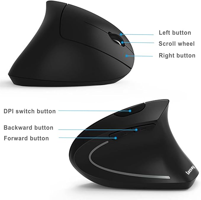 Ergonomic Mouse, LEKVEY Vertical Wireless Mouse - Rechargeable 2.4G Optical Vertical Mice : 3 Adjustable DPI 800/1200/1600 Levels 6 Buttons, for Laptop, Mac, PC, Computer, Desktop, Notebook etc, Black