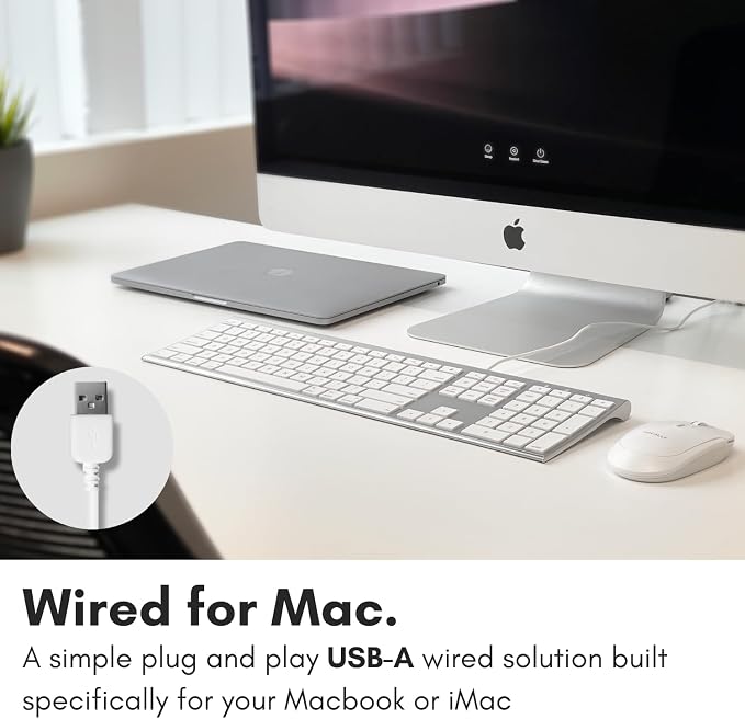 Macally Ultra Slim USB Wired Computer Keyboard - Compatible Apple Keyboard or Windows - Full Size with 20 Mac Keyboard Keys -with Numeric Keypad - Silver Aluminum Finish