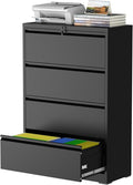 4 Drawer Lateral File Cabinet with Lock, Black Metal File Cabinets for Home Office, Steel Heavy-Duty Filing Storage Cabinet for Letters/Legal/A4, Require Assembly