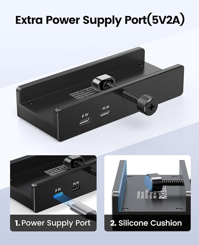 ORICO USB Hub 3.0, Clamp USB Hub with Extra Power Supply Port, Aluminum 4-Port USB Adapter with 3 USB-A Data Ports, USB-C Port for Monitors, Desks (Black)