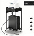 Vrisa Printer Stand with Storage Drawer Small Printer Table Cart with Wheels and Charging Station Home Mobile Computer PC Tower Label Printer Shelf Shredder Stands for Home Office, Black