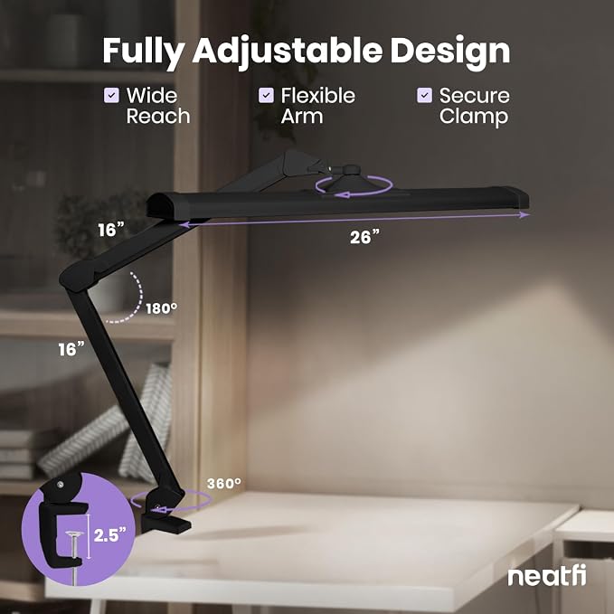 Neatfi Ultra 3,500 Lumens LED Desk Lamp with Clamp – 45W, 270 SMD LEDs, Shadow-Free | Adjustable Brightness | Task Light for Nail, Craft & Office (Black, 26-Inch Wide Shade)