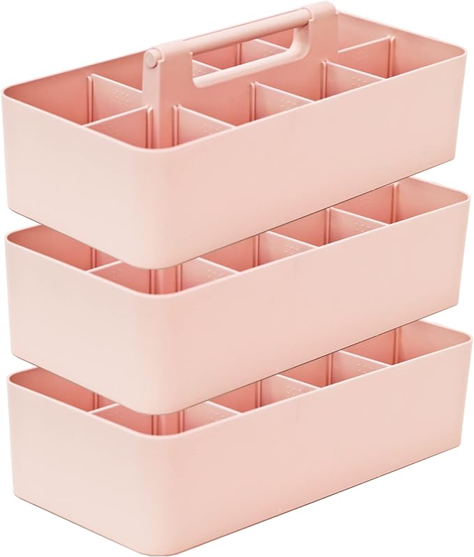-Large Portable Caddy, DIY Dividers, 8 Compartments, School Office Supplies Home Organizer Basket with Handle Storage Organizer Made in USA (3 PACK, Indie Pink)