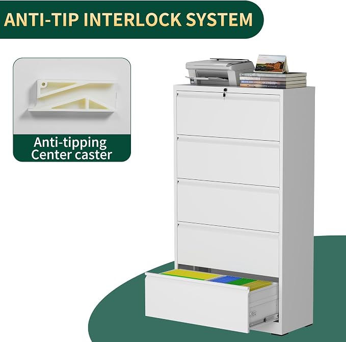 5 Drawer Lateral File Cabinet with Lock, Metal File Cabinets for Home Office, Steel Heavy-Duty Filing Storage Cabinet for Letters/Legal/A4 (Require Assembly, White)
