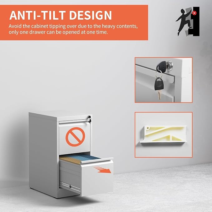 2 Drawer File Cabinet with Lock, Steel Vertical Filing Cabinets for Home Office, Small Metal Storage Cabinet for Hanging Legal/Letter Size Files, Assembly Required (White)