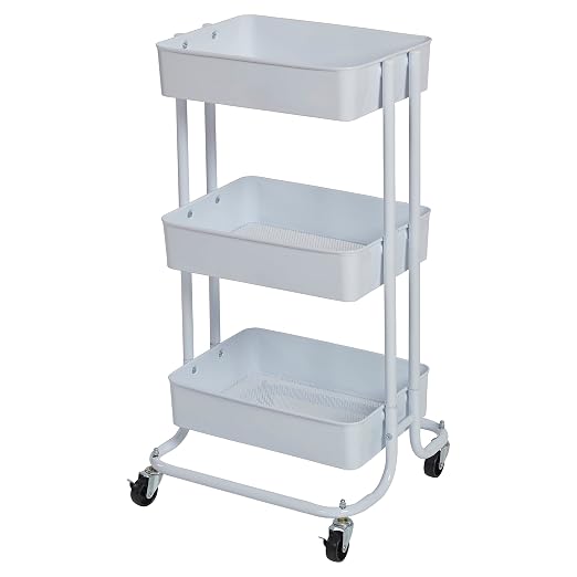 ECR4Kids 3-Tier Metal Rolling Utility Storage Cart, Multipurpose Organization, White