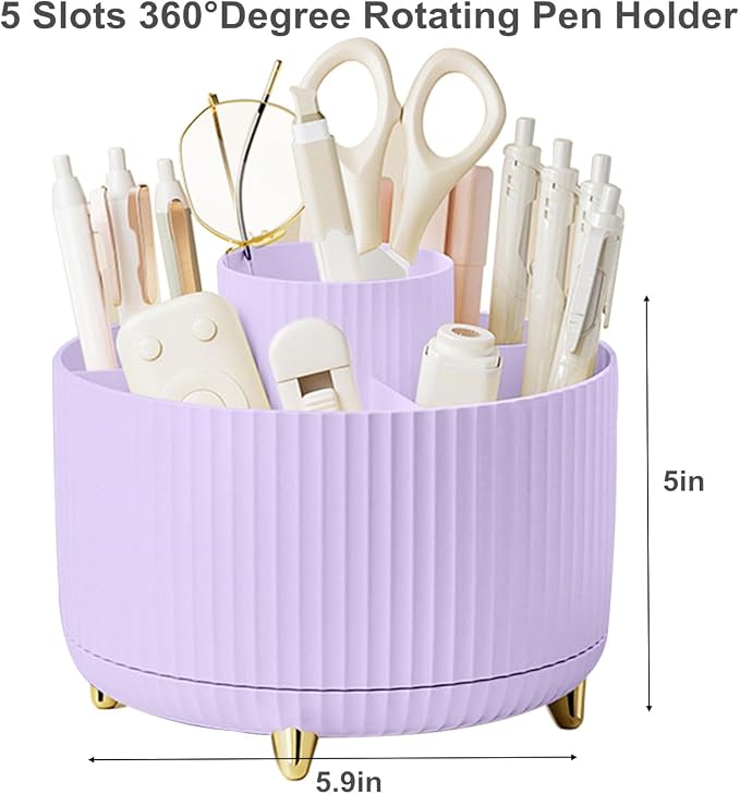 Pencil Pen Holder 5 Slots 360°Degree Rotating Pen Organizers for Desk Desktop Storage Stationery Supplies Cute Pencil Cup Pot Kids Desk Organizer for Office Home School（Purple 2）