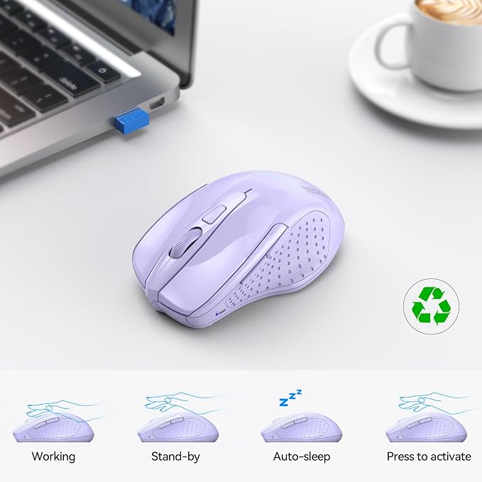 TECKNET Wireless Mouse (2.4G & BT5.0/3.0) Silent 4800 DPI Computer USB A & Bluetooth Mouse 6 Buttons, Wide Compatibility - Lavender