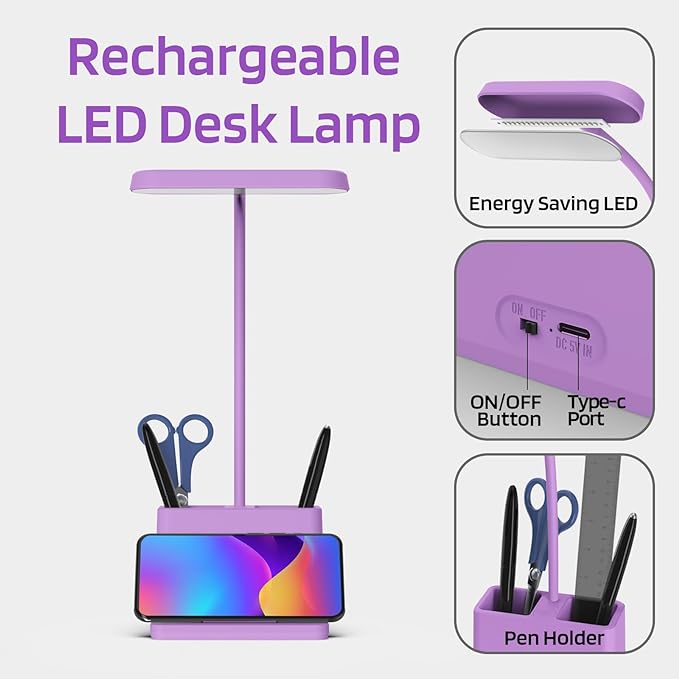 AXX Cute Purple Desk Lamp, Rechargeable Study Table Light for Home Office, Small, Battery Operated, LED, Flexible Gooseneck, Mini, Cordless, College Dorm Room Desktop Accessories for Teen Girls