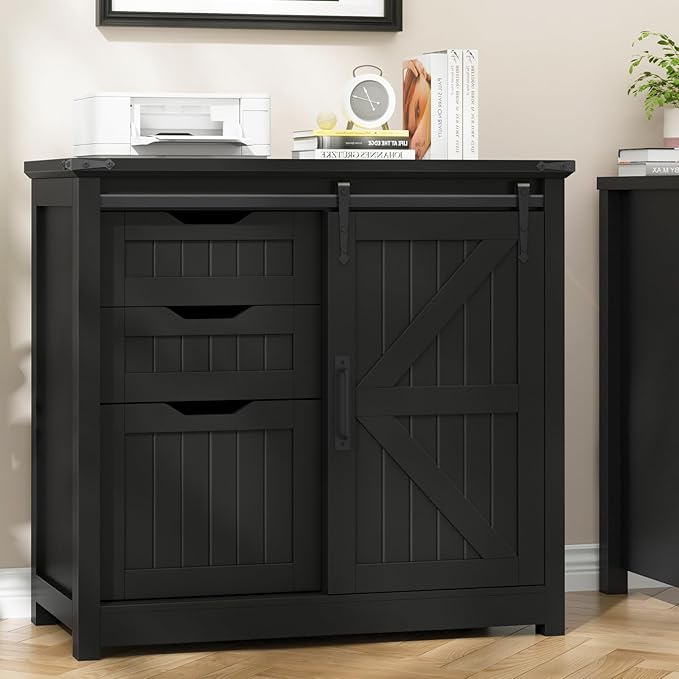 Vabches Lateral File Cabinets with Adjustable Shelf, Farmhouse Filing Cabinet for Home Office, Filing Organization Storage Cabinets with Sliding Barn Door for Hanging Files Letter/A4,Black