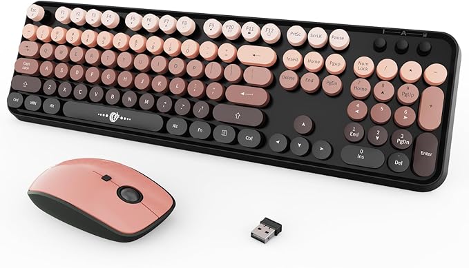 Wireless Keyboard and Mouse Combo, Retro Typewriter Style Keyboard with Round Keys, 2.4G Wireless Cute Keyboard and Mouse Set for PC, Laptop and Desktop-Black and Rose Gold