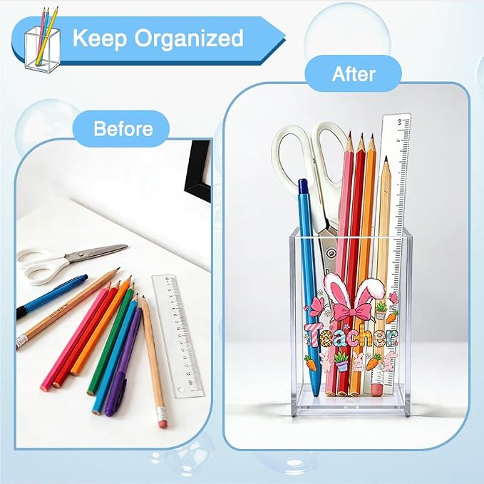 Teacher Acrylic Organizer Pencil Pen Holder, Easter Bunny Makeup Brush Storage Organizer, Easter Desk Accessories Holder for Women Coworker Teacher Educator Mentor Principal Bunny Lovers